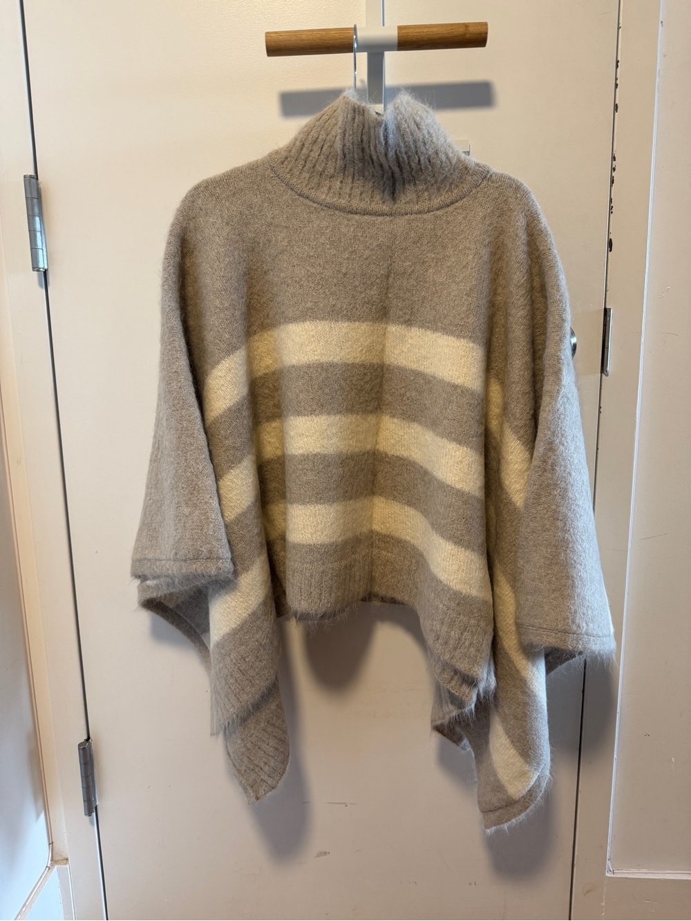 Peruvian Connection Turtleneck Stripe Poncho Sweater in Light Gray and Cream